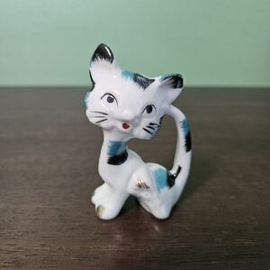 Vintage Ceramic White Cat With Black & Blue Accents Figurine
